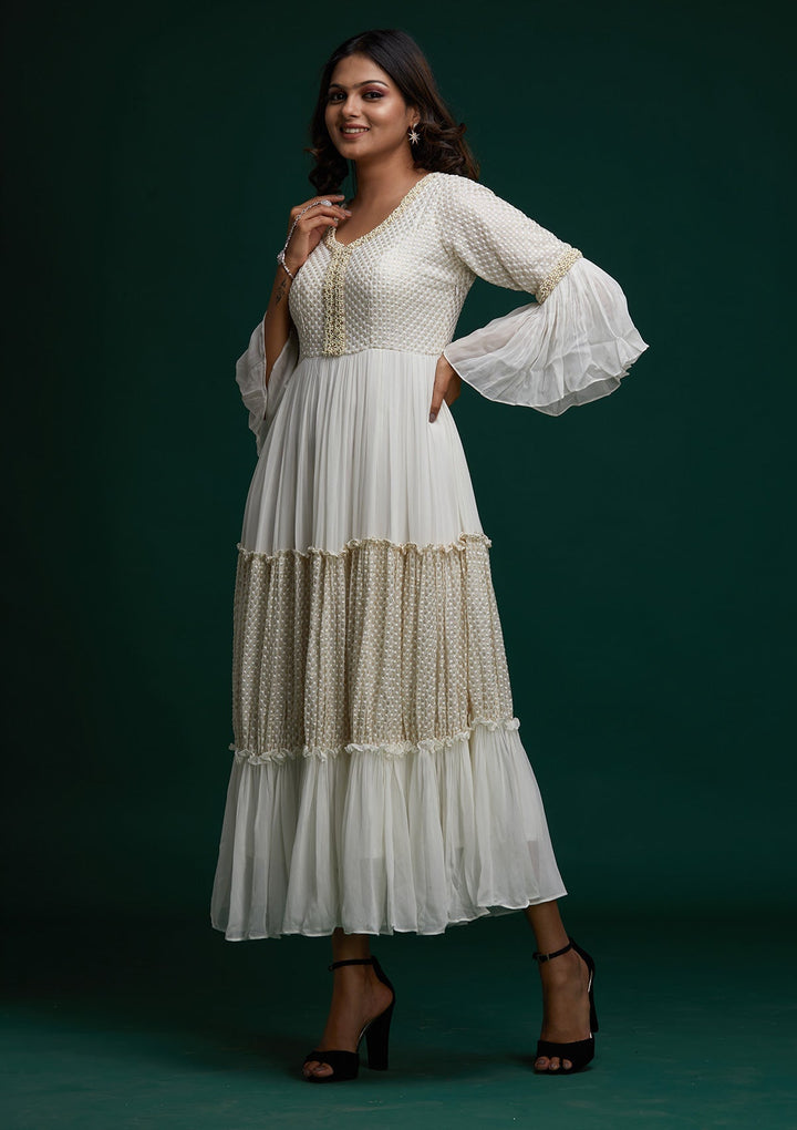 Off White Pearlwork Georgette Designer Anarkali Suit - Koskii