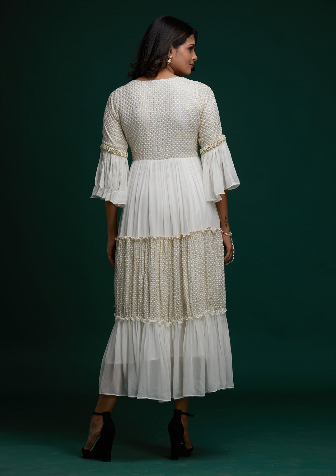 Off White Pearlwork Georgette Designer Anarkali Suit - Koskii