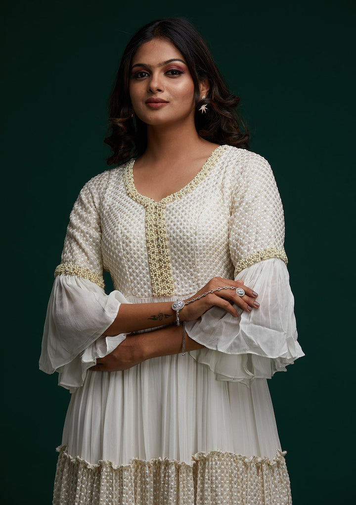 Off White Pearlwork Georgette Designer Anarkali Suit - Koskii