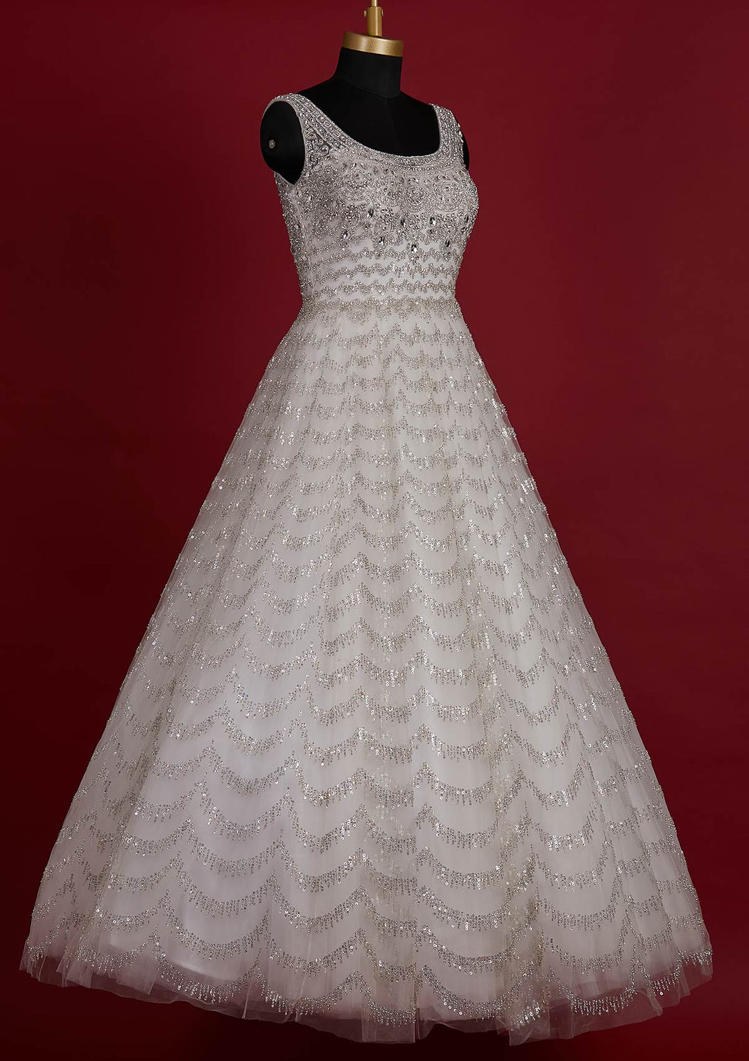 Off White Sequins Net Designer Gown - koskii