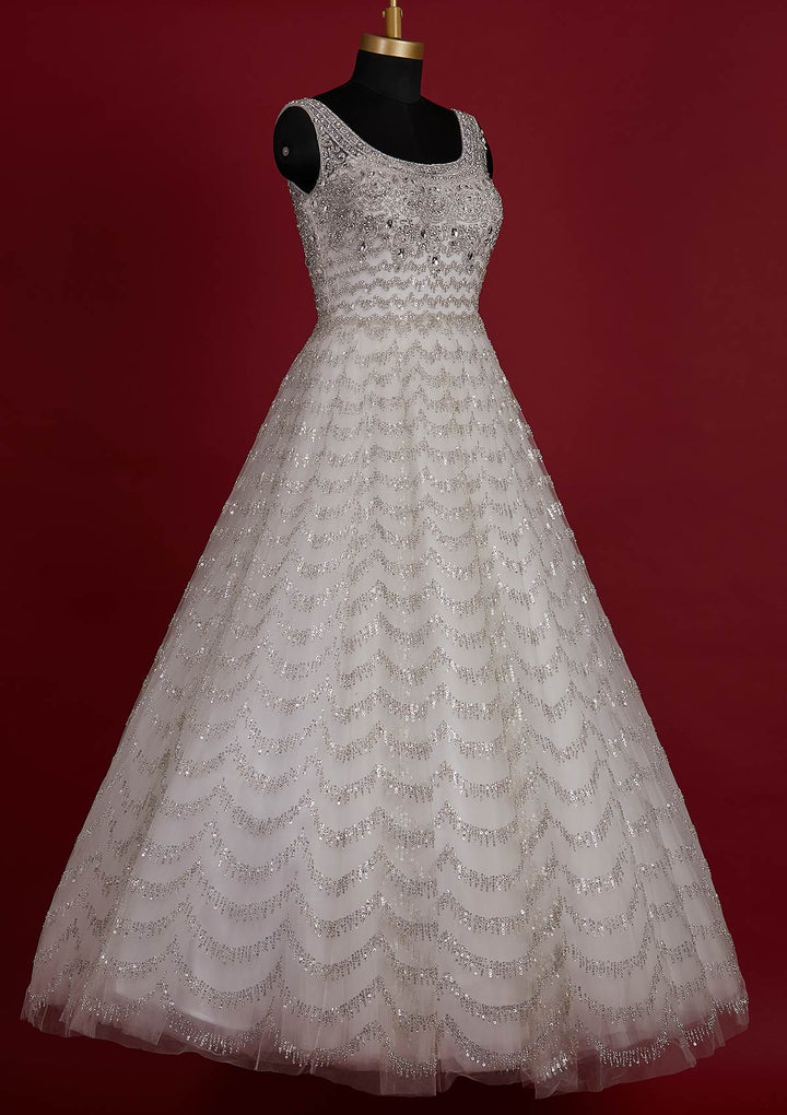 Off White Sequins Net Designer Gown - koskii