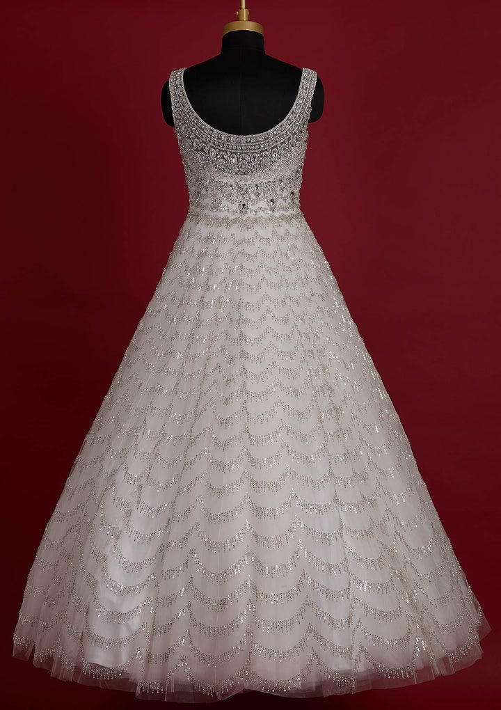 Off White Sequins Net Designer Gown - koskii