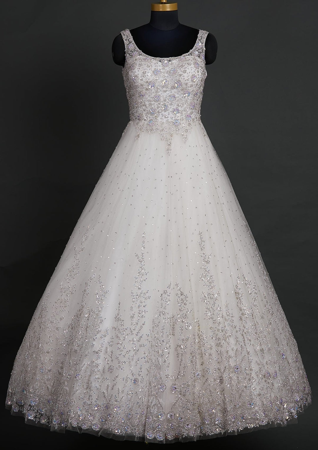 Off White Sequins Net Designer Gown - koskii