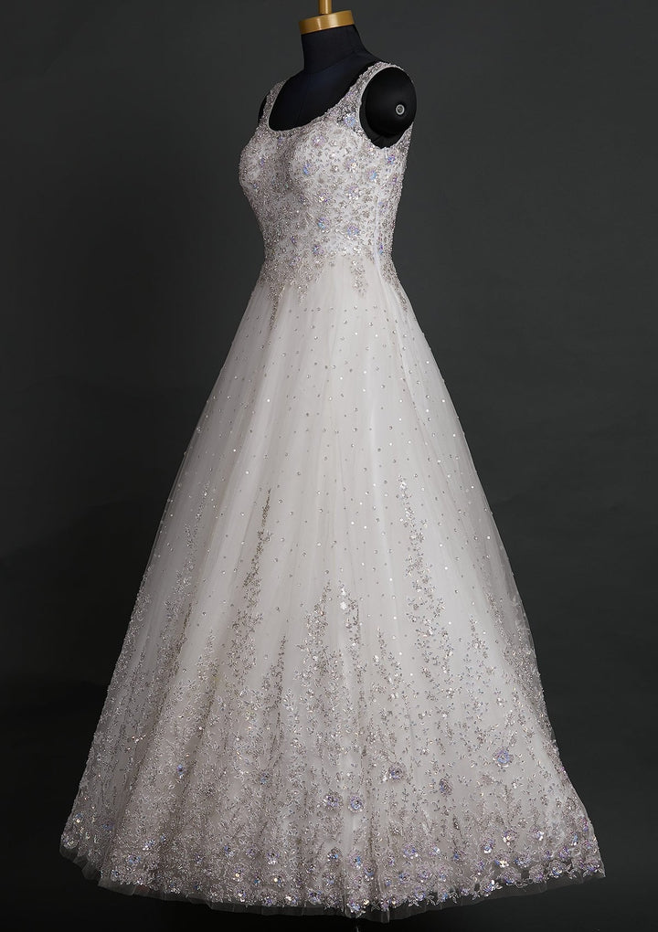 Off White Sequins Net Designer Gown - koskii