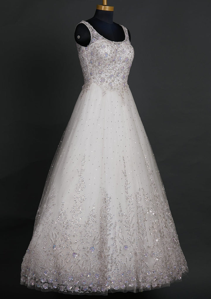 Off White Sequins Net Designer Gown - koskii