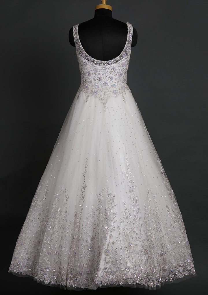 Off White Sequins Net Designer Gown - koskii