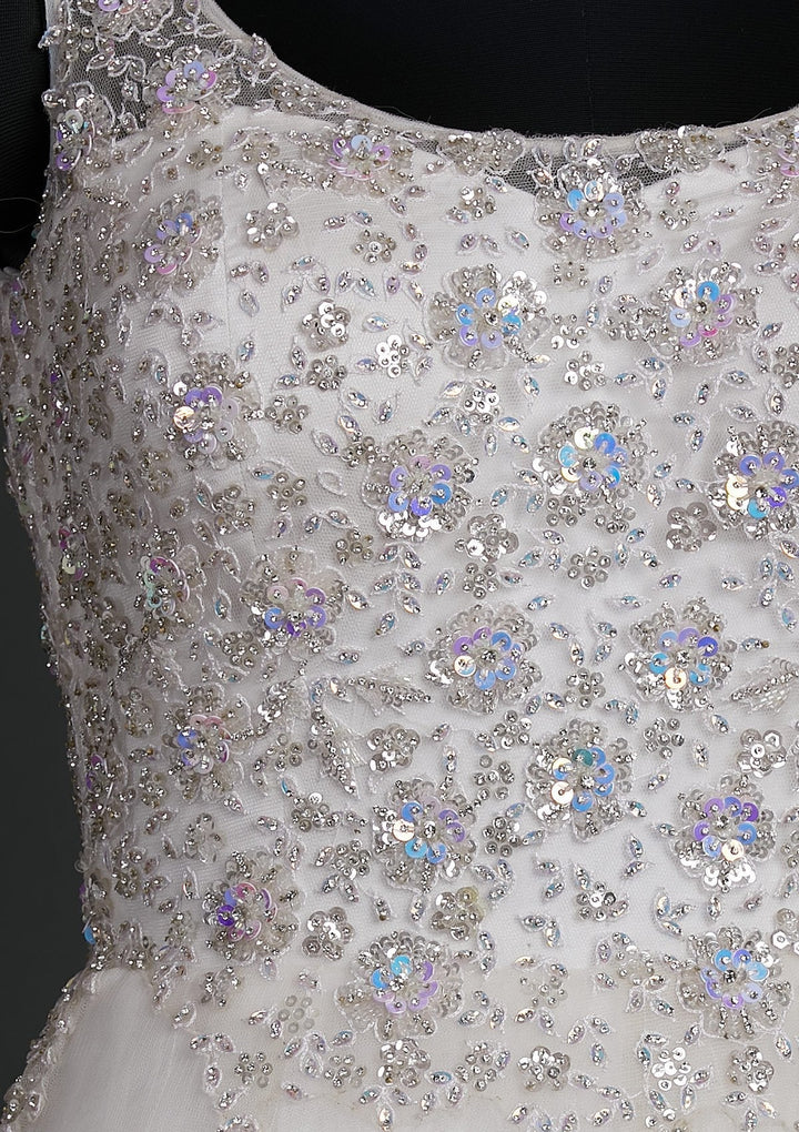 Off White Sequins Net Designer Gown - koskii