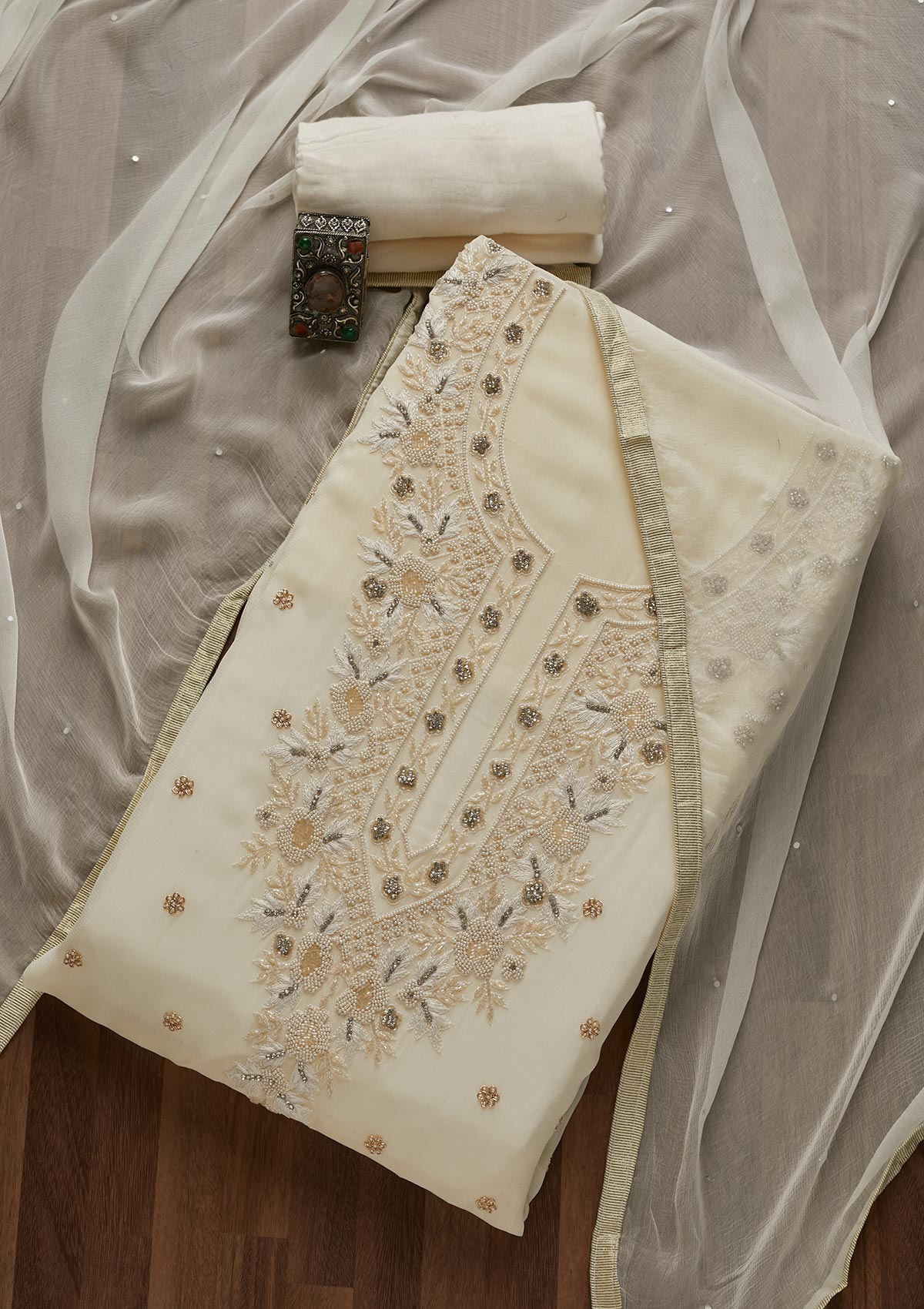 Off White Silver Stonework Georgette Unstitched Salwar Suit- Koskii