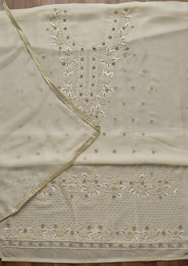Off White Silver Stonework Georgette Unstitched Salwar Suit - Koskii