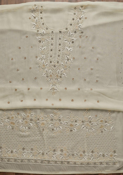 Off White Silver Stonework Georgette Unstitched Salwar Suit - Koskii