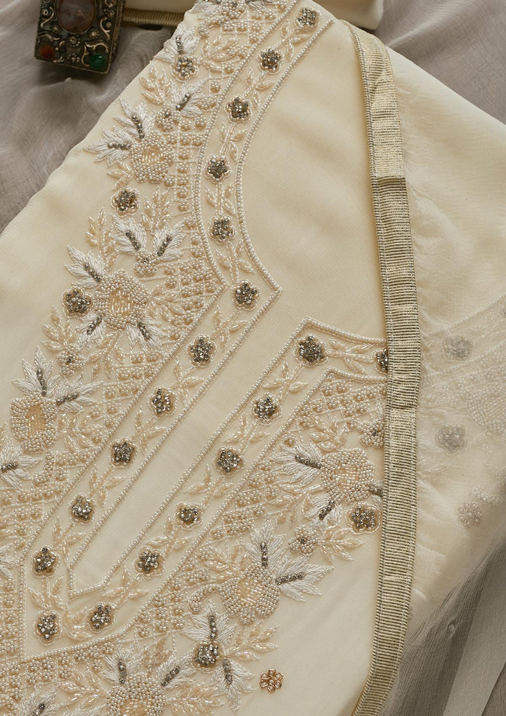 Off White Silver Stonework Georgette Unstitched Salwar Suit - Koskii