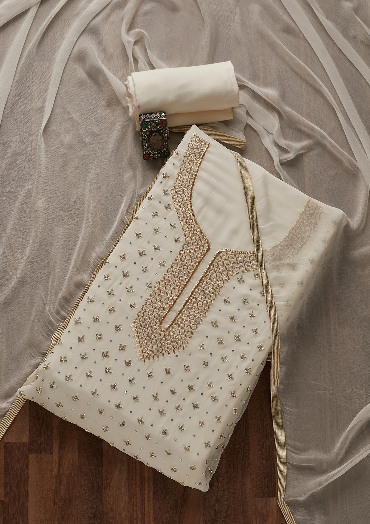 Off White Silver Stonework Georgette Designer Unstitched Salwar Suit - Koskii