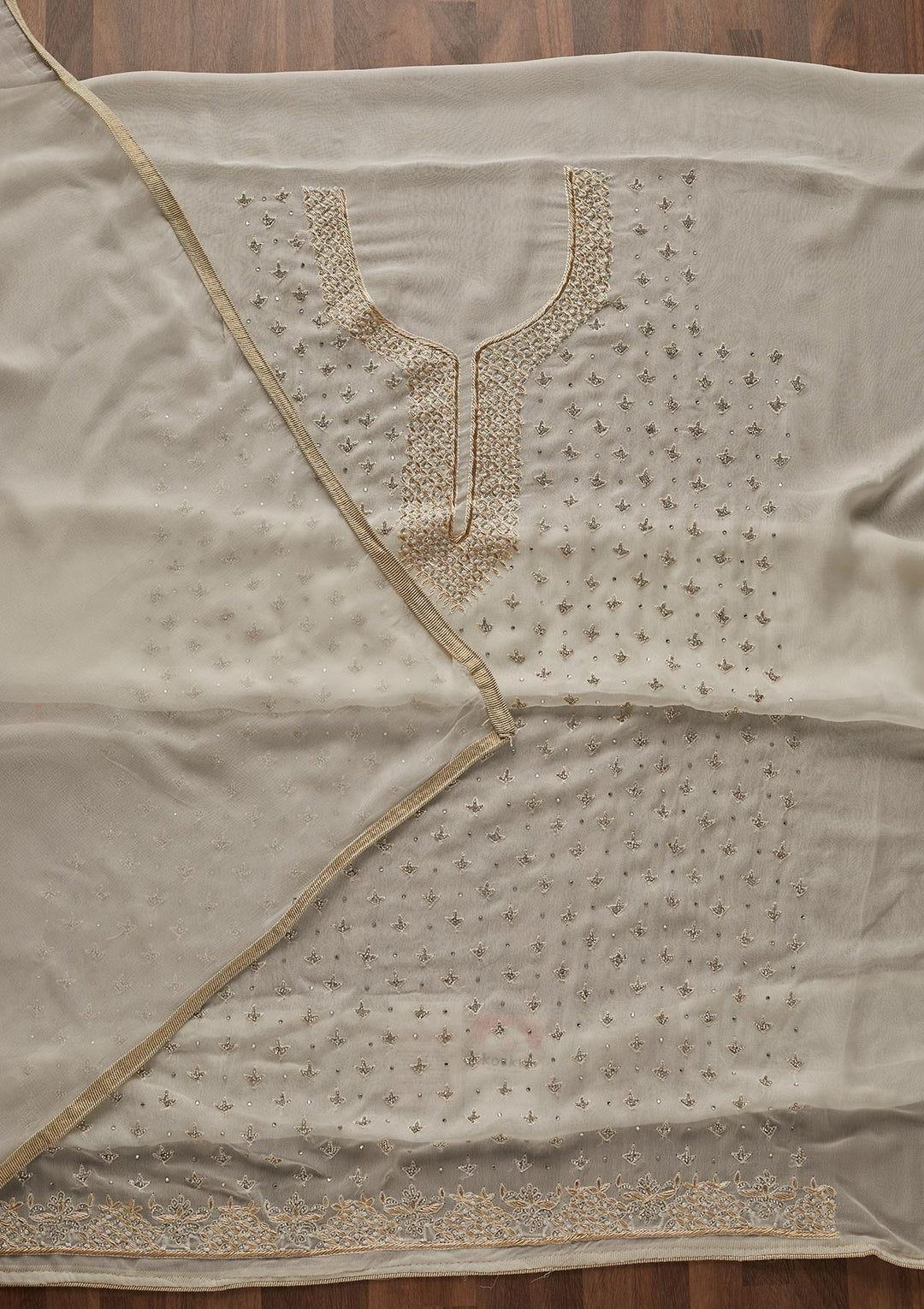 Off White Silver Stonework Georgette Designer Unstitched Salwar Suit - Koskii