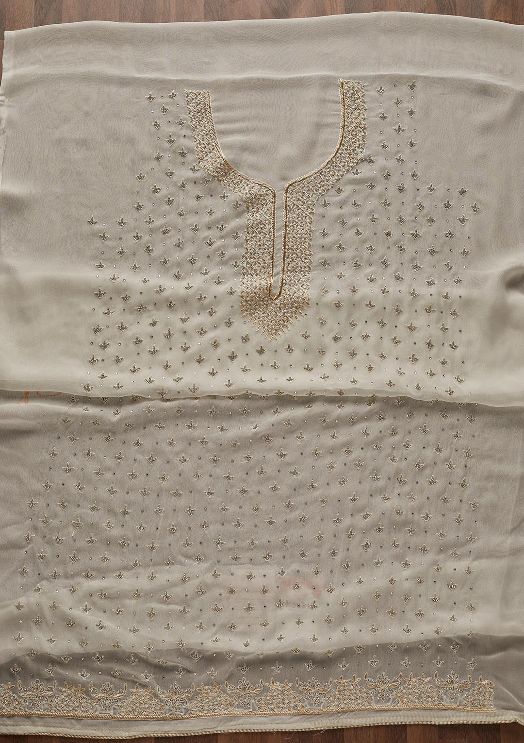 Off White Silver Stonework Georgette Designer Unstitched Salwar Suit - Koskii