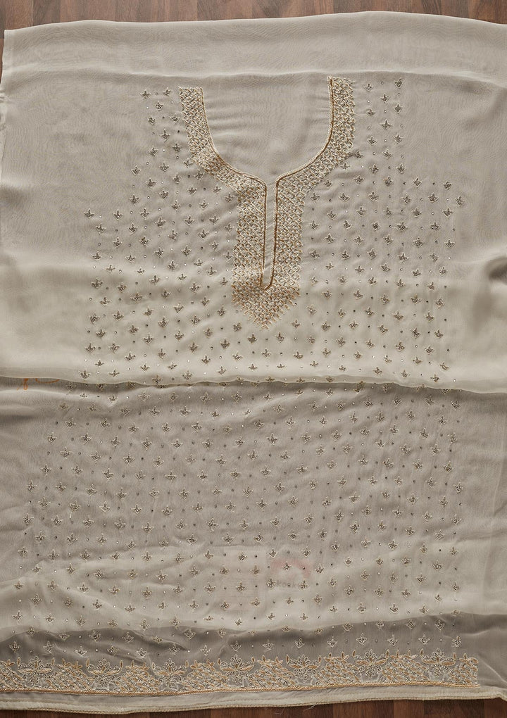 Off White Silver Stonework Georgette Designer Unstitched Salwar Suit - Koskii