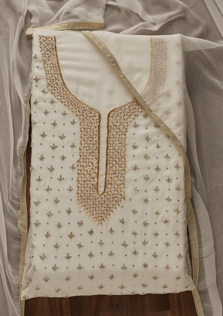 Off White Silver Stonework Georgette Designer Unstitched Salwar Suit - Koskii