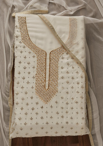 Off White Silver Stonework Georgette Designer Unstitched Salwar Suit - Koskii