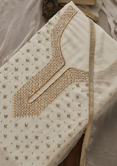 Off White Silver Stonework Georgette Designer Unstitched Salwar Suit - Koskii