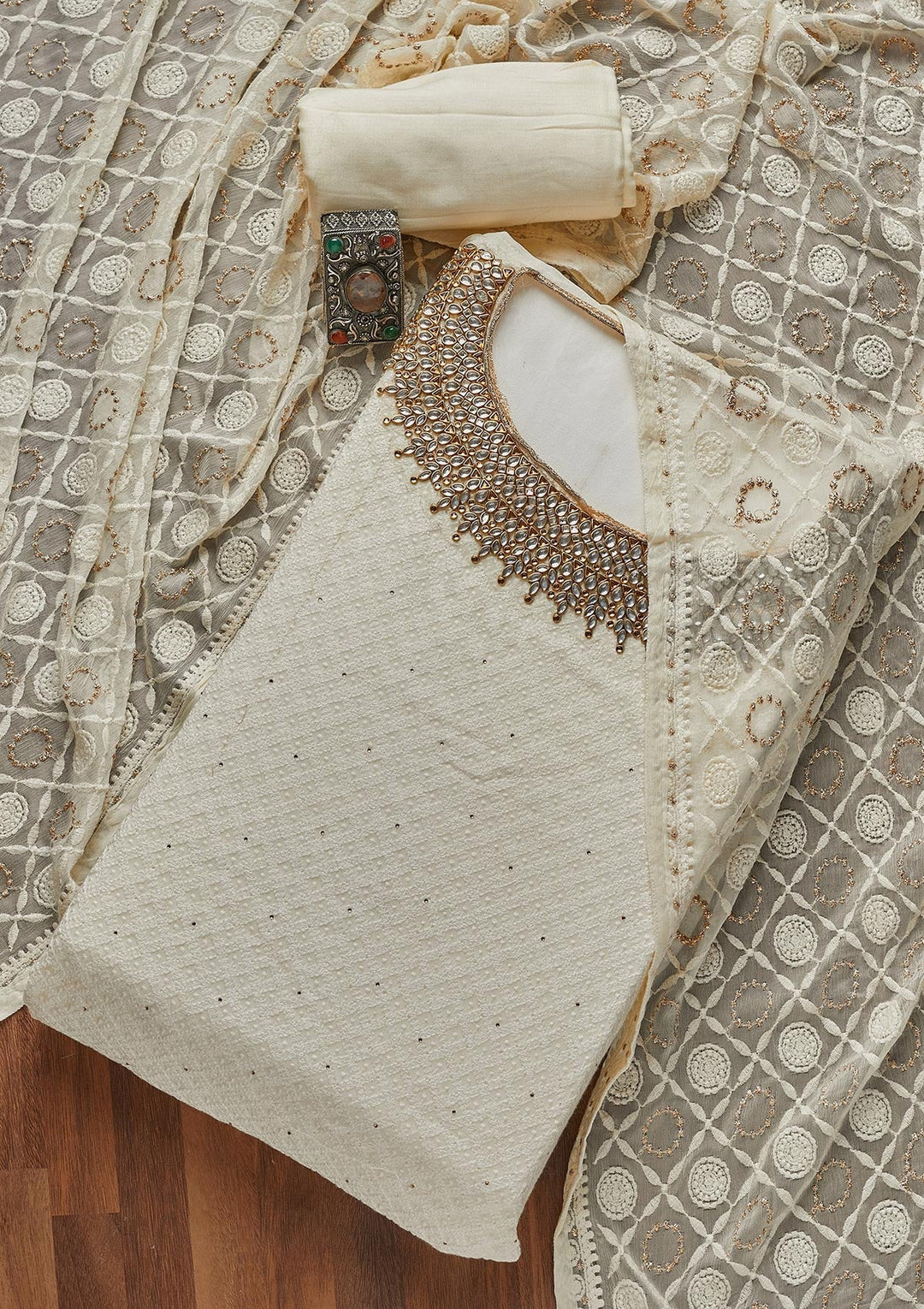 Off White Stonework Georgette Unstitched Salwar Suit- Koskii