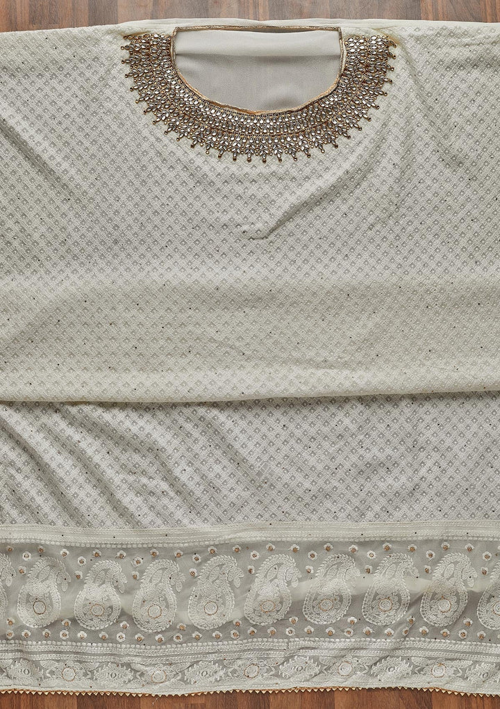 Off White Stonework Georgette Unstitched Salwar Suit - Koskii