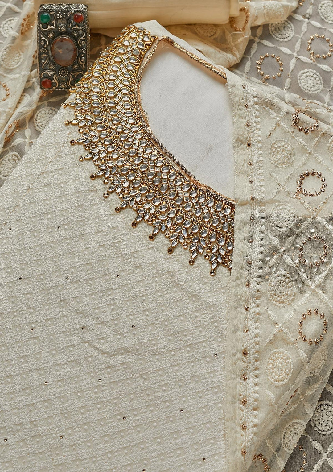 Off White Stonework Georgette Unstitched Salwar Suit - Koskii
