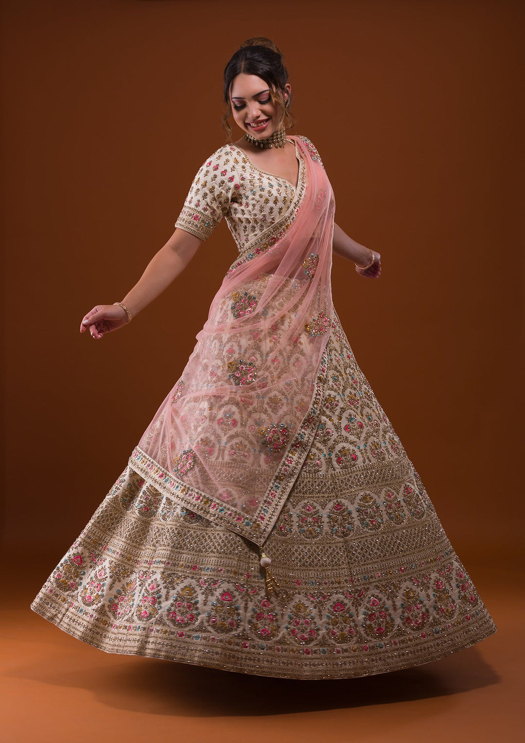 Off White Stonework Raw Silk Designer Lehenga-Koskii