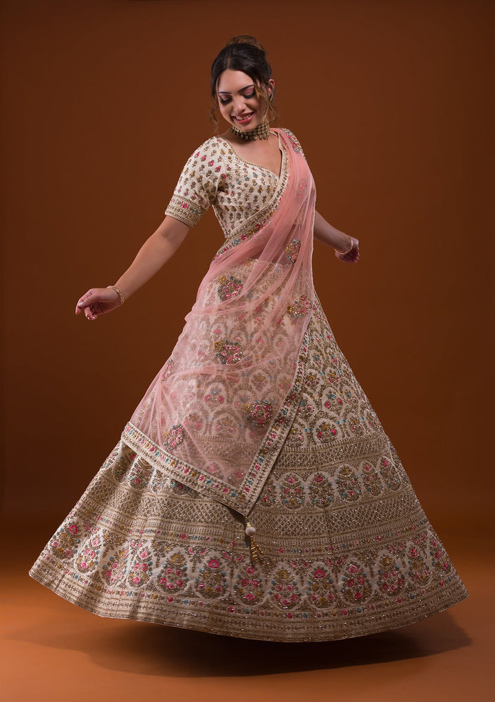 Off White Stonework Raw Silk Designer Lehenga-Koskii