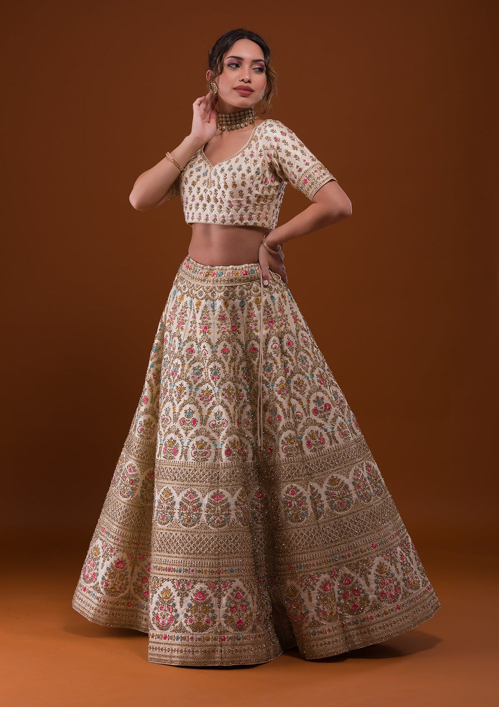 Off White Stonework Raw Silk Designer Lehenga-Koskii