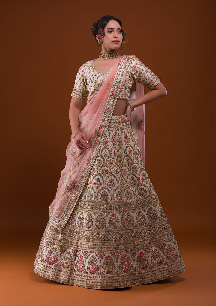 Off White Stonework Raw Silk Designer Lehenga-Koskii