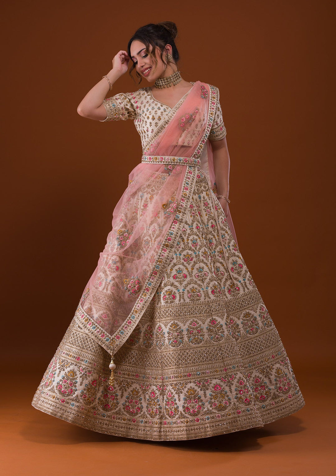 Off White Stonework Raw Silk Designer Lehenga-Koskii
