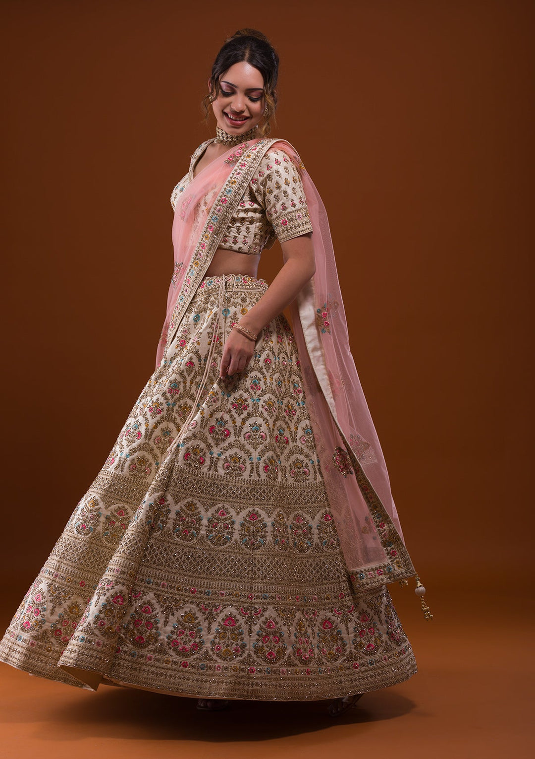 Off White Stonework Raw Silk Designer Lehenga-Koskii