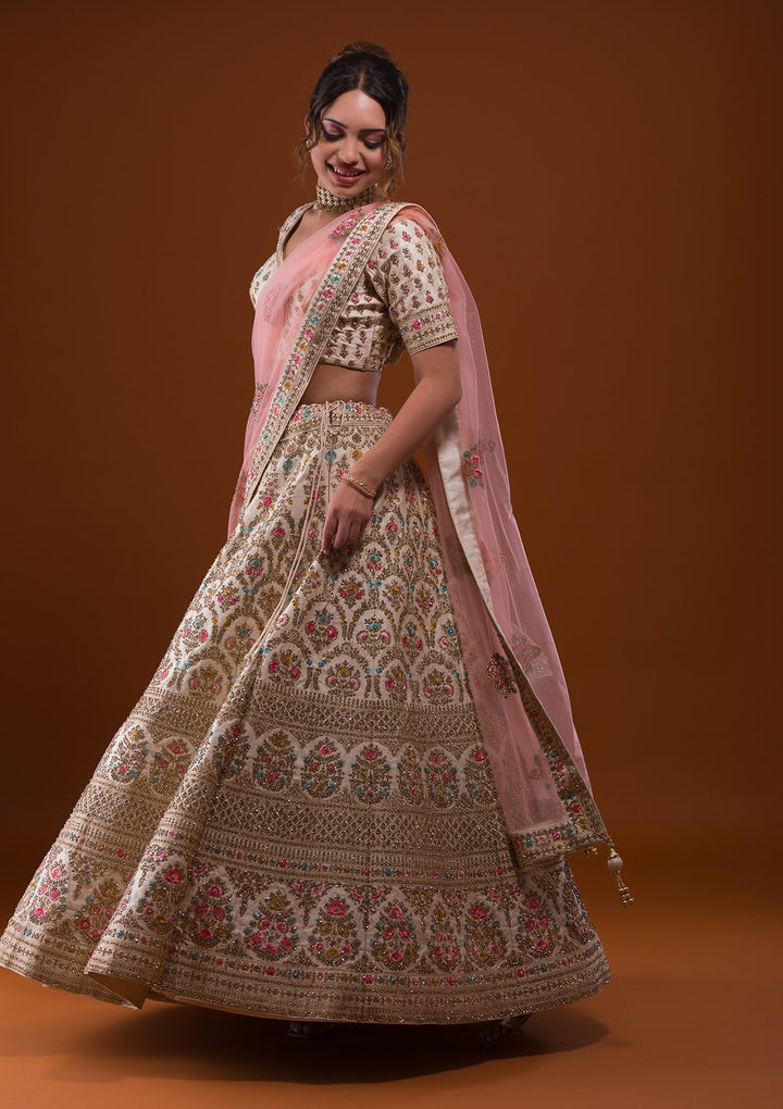 Off White Stonework Raw Silk Designer Lehenga-Koskii