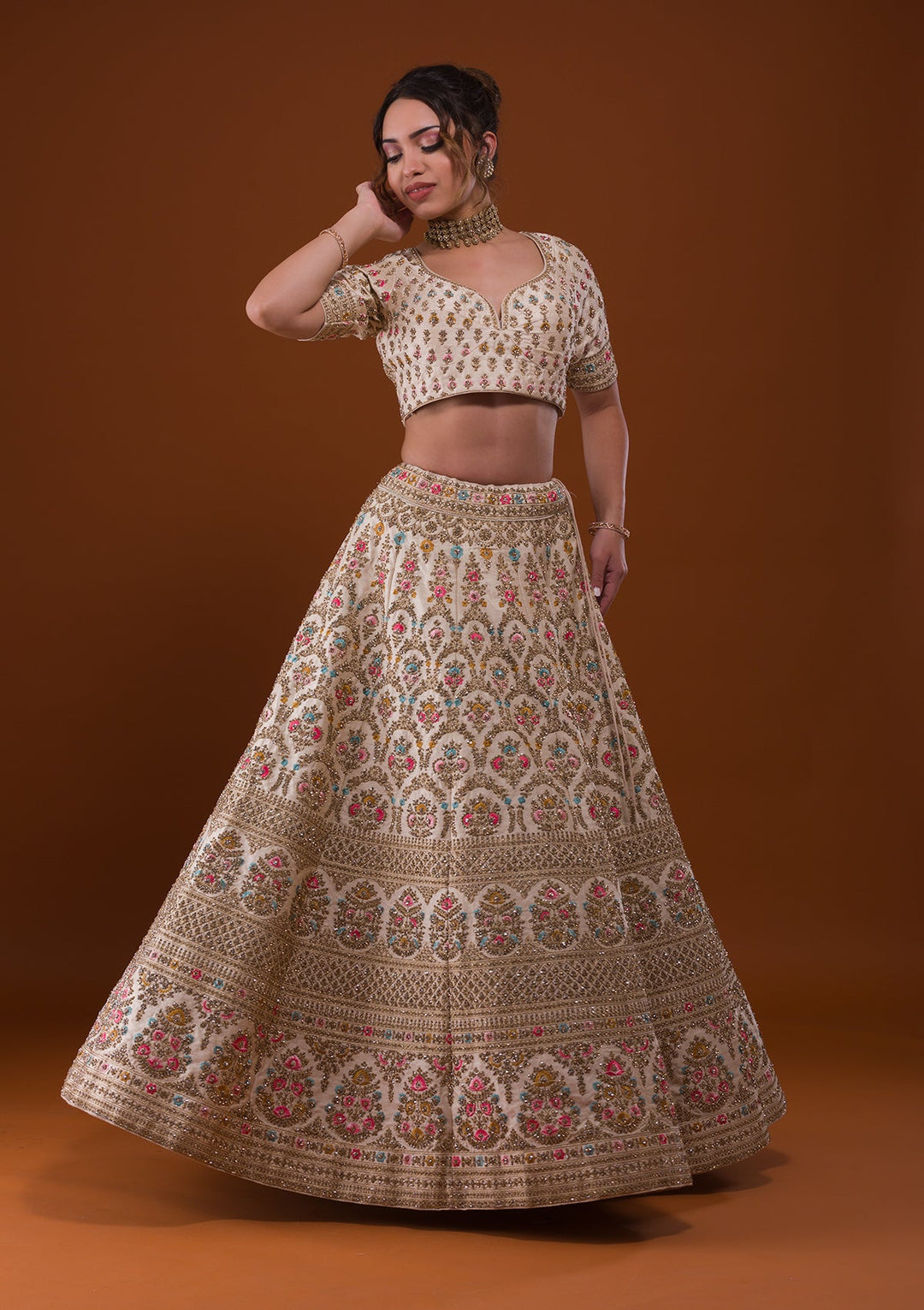 Off White Stonework Raw Silk Designer Lehenga-Koskii