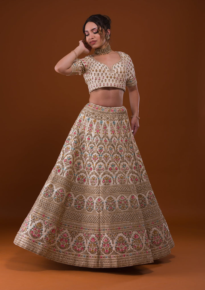 Off White Stonework Raw Silk Designer Lehenga-Koskii