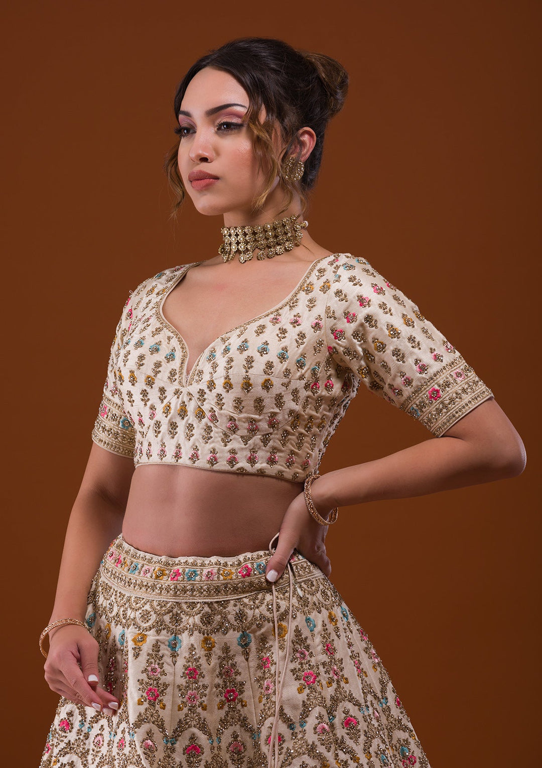 Off White Stonework Raw Silk Designer Lehenga-Koskii