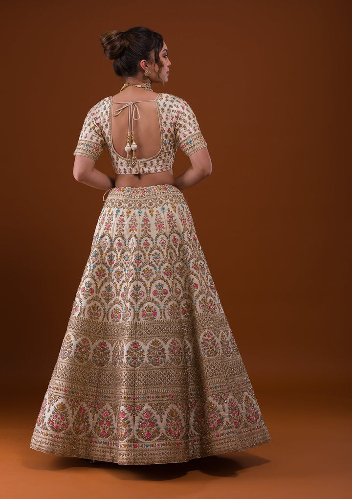 Off White Stonework Raw Silk Designer Lehenga-Koskii