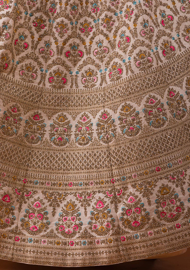 Off White Stonework Raw Silk Designer Lehenga-Koskii