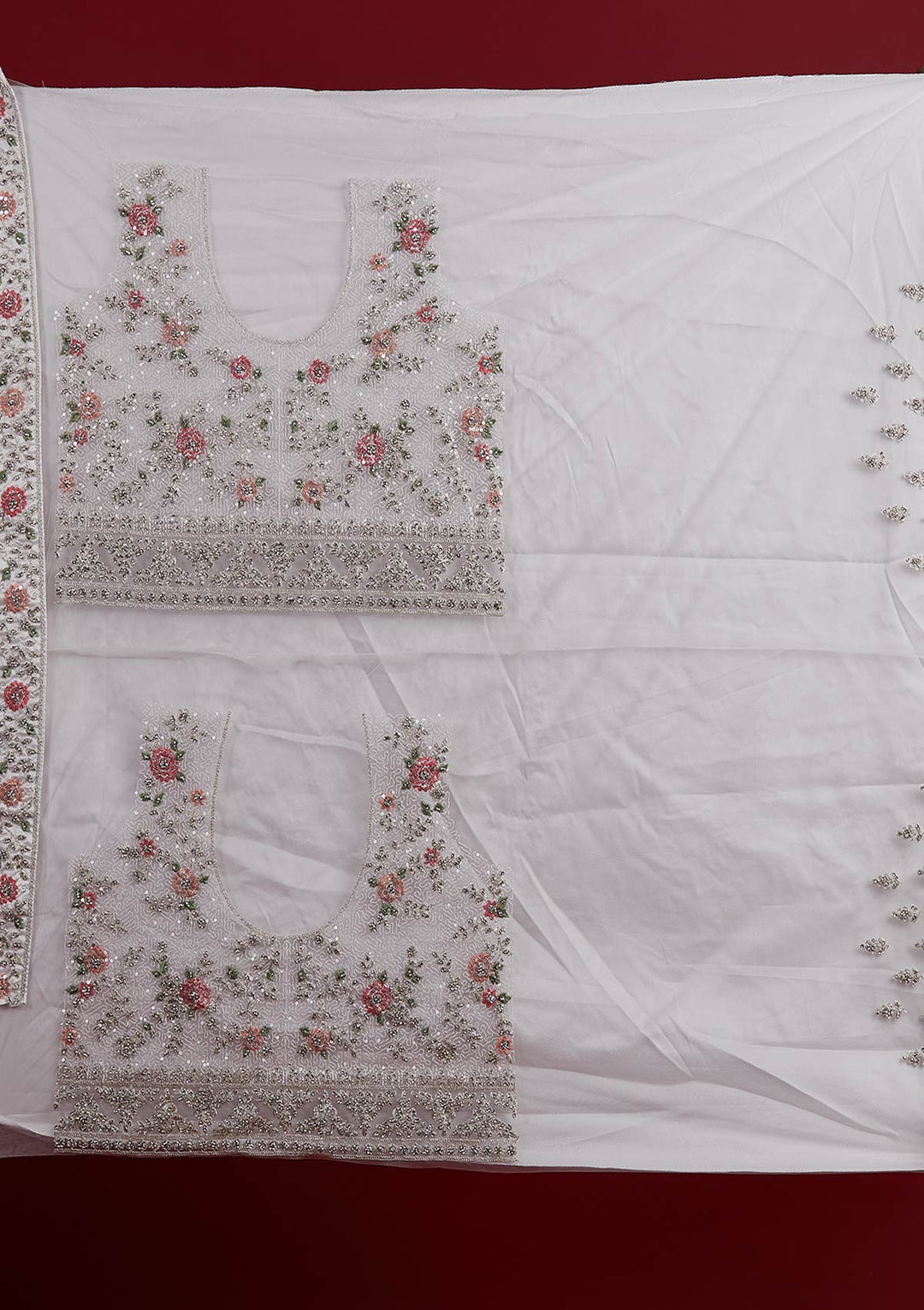 Off White Stonework Velvet Designer Semi-Stitched Lehenga - koskii