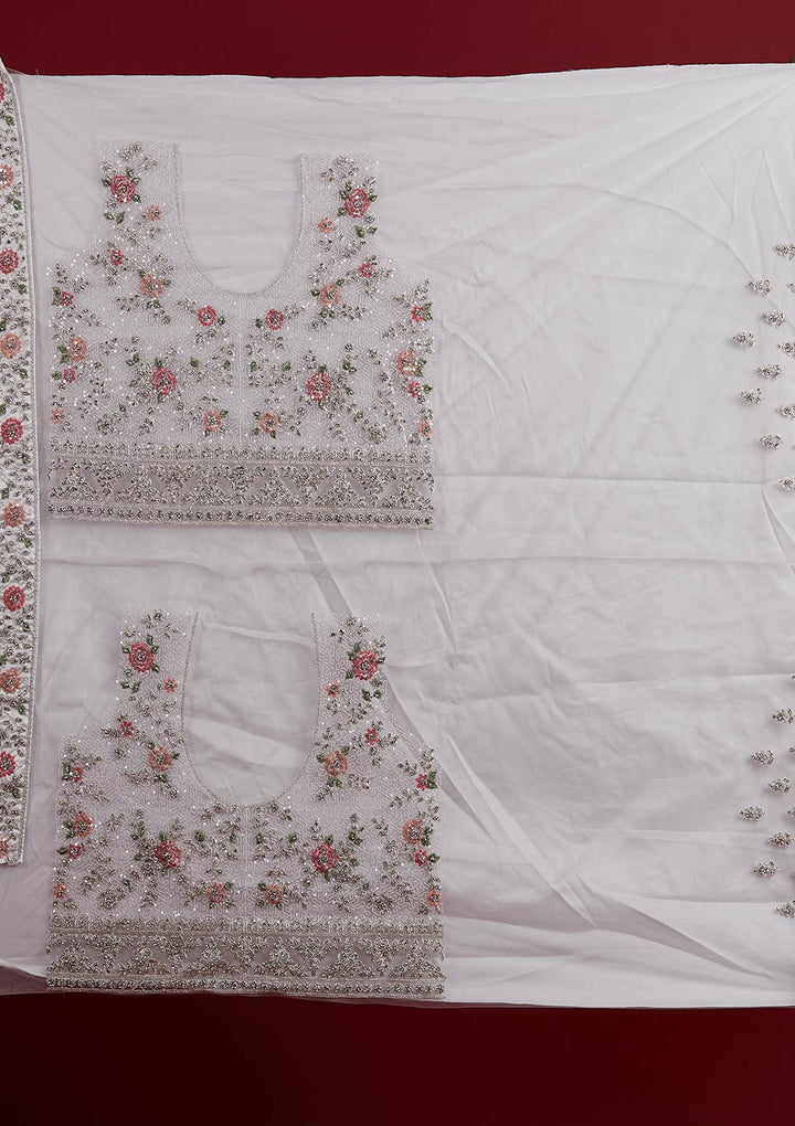 Off White Stonework Velvet Designer Semi-Stitched Lehenga - koskii