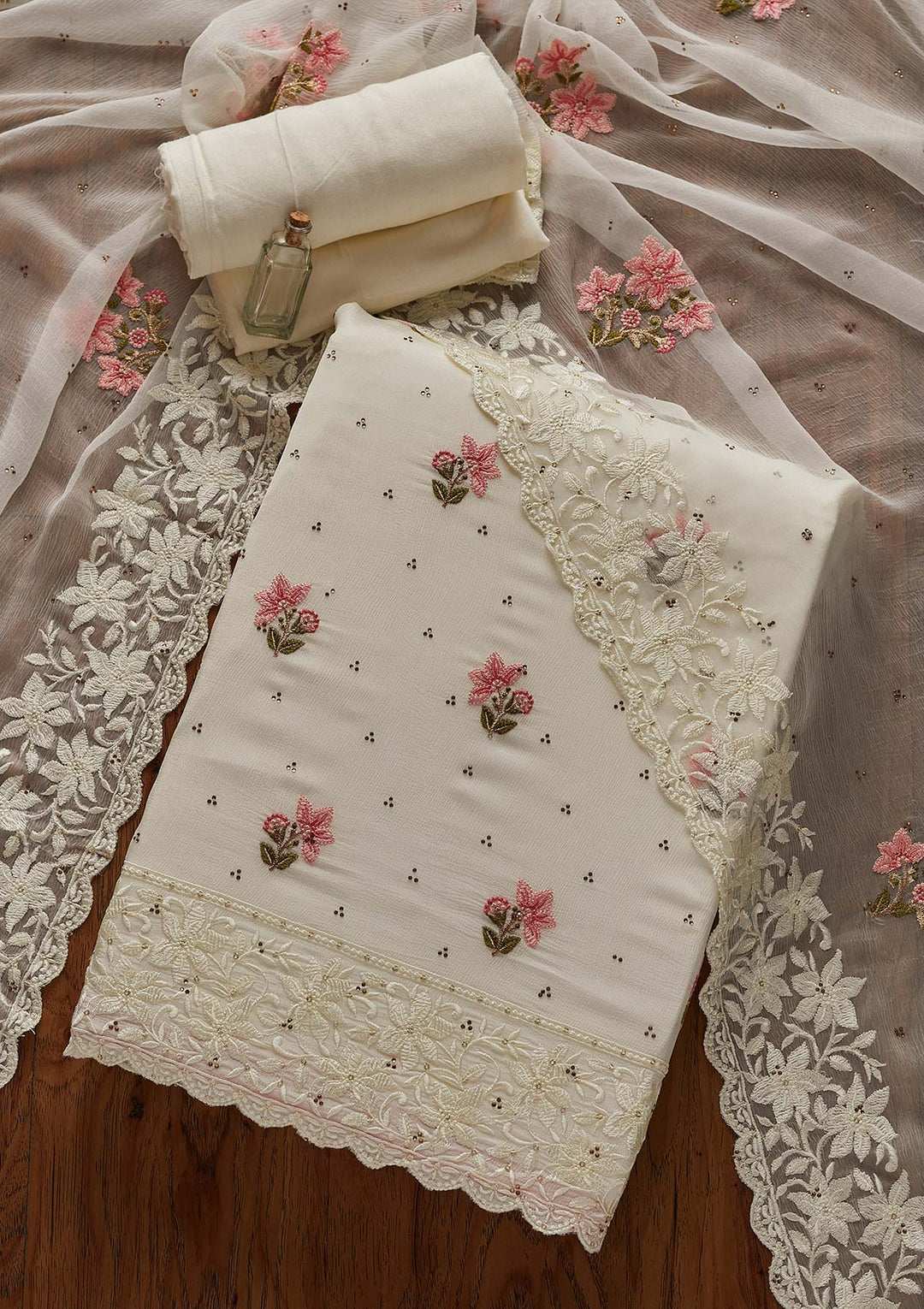 Off White Threadwork Chiffon Designer Unstitched Salwar Suit - Koskii