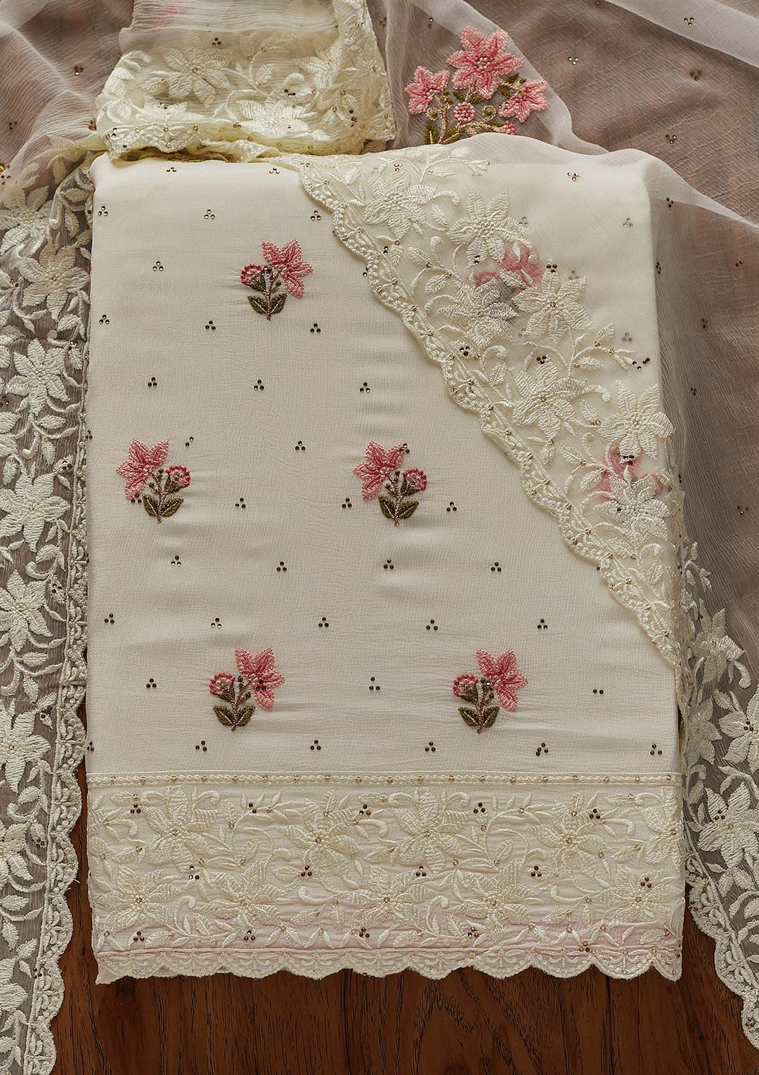 Off White Threadwork Chiffon Designer Unstitched Salwar Suit - Koskii