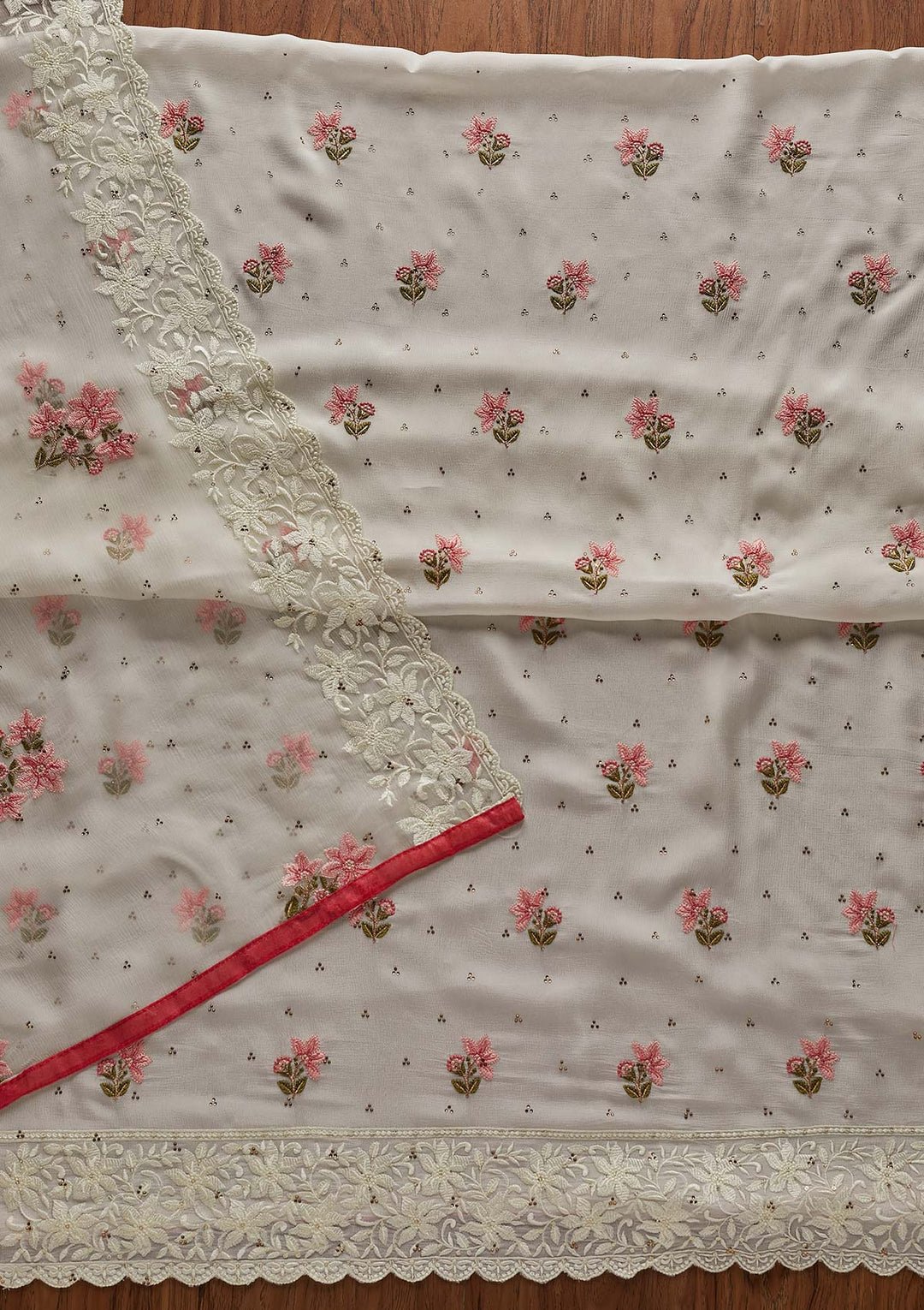 Off White Threadwork Chiffon Designer Unstitched Salwar Suit - Koskii