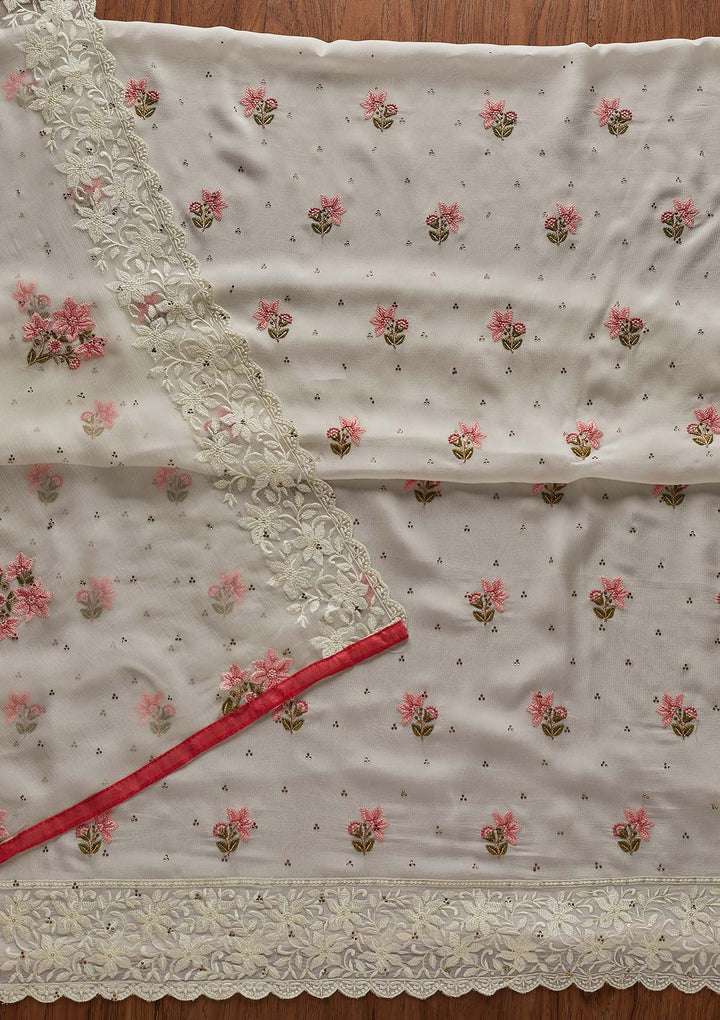 Off White Threadwork Chiffon Designer Unstitched Salwar Suit - Koskii