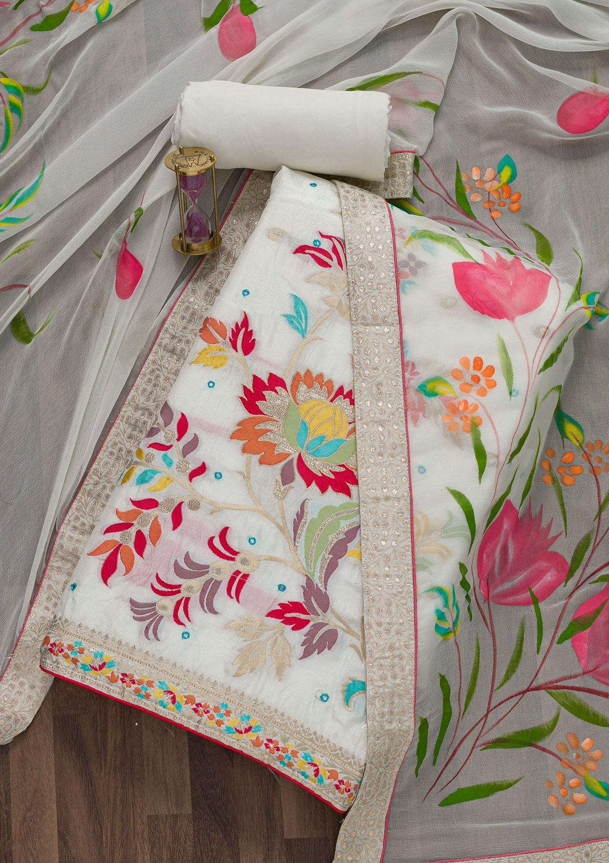 Off White Threadwork Cotton Unstitched Salwar Suit-Koskii