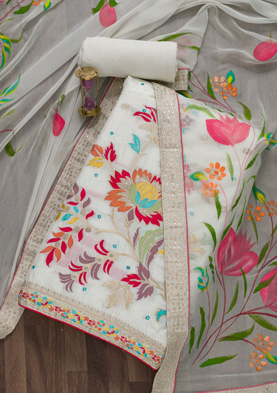 Off White Threadwork Cotton Unstitched Salwar Suit-Koskii