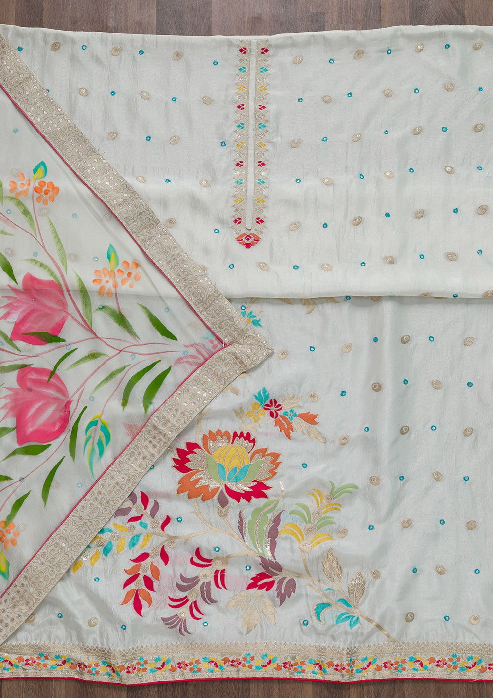 Off White Threadwork Cotton Unstitched Salwar Suit-Koskii