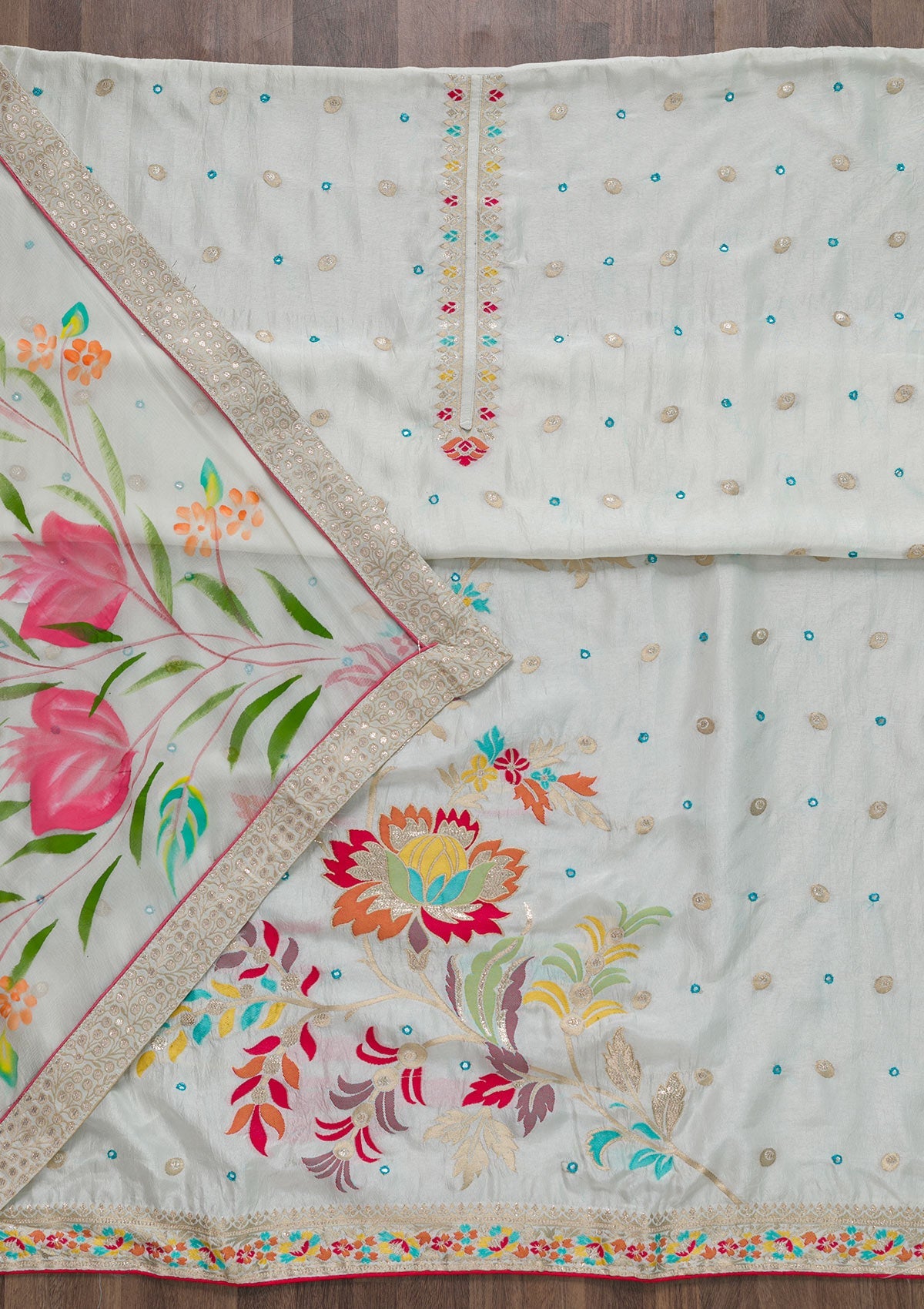 Off White Threadwork Cotton Unstitched Salwar Suit-Koskii