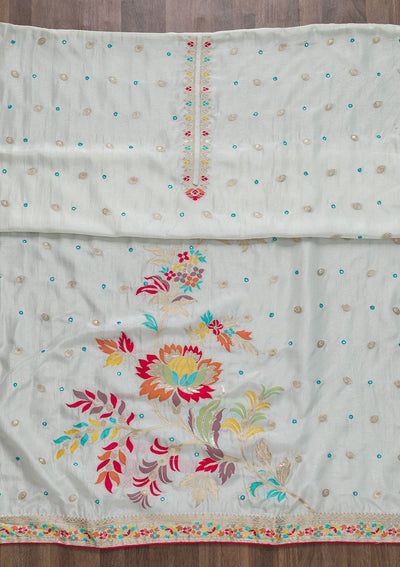 Off White Threadwork Cotton Unstitched Salwar Suit-Koskii