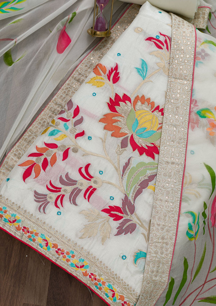 Off White Threadwork Cotton Unstitched Salwar Suit-Koskii
