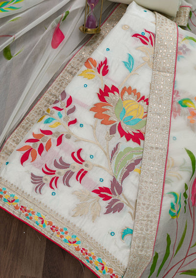 Off White Threadwork Cotton Unstitched Salwar Suit-Koskii
